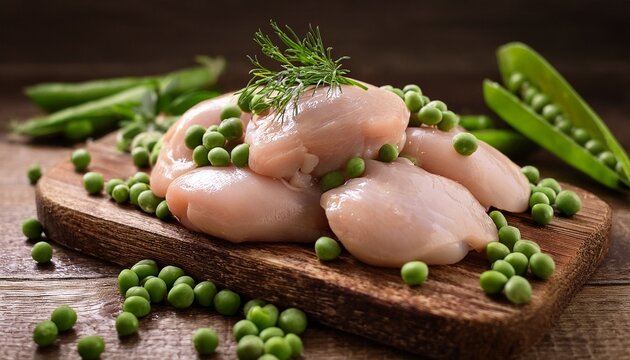 aromatic pile of raw poultry pieces seasoned with fresh herbs and peas on rustic wooden board