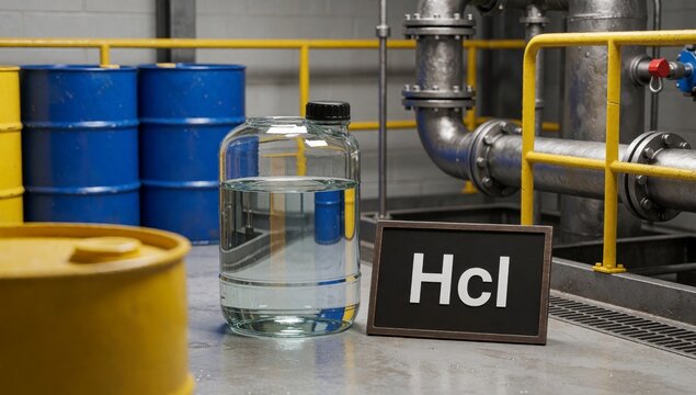 Glass jar black lid label reads hcl placed metal surface yellow barrel left side background there several blue