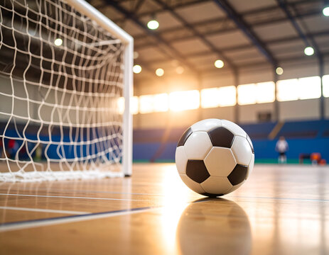 Soccer ball sitting on an indoor gym floor in front of a goal net, illuminated by bright stadium lights, sports arena setting for futsal or indoor soccer.