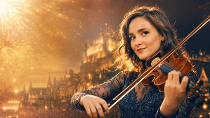 Fototapeta premium Woman violinist performing on stage at Edinburgh International Festival. Musician playing classical instrument during night gala show. Cultural artistic celebration in Scotland city.