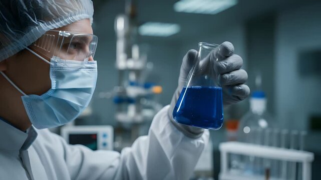 Dedicated scientific researcher examining a glass flask containing blue liquid while wearing protective gear inside a modern laboratory facility during a critical chemical experiment session