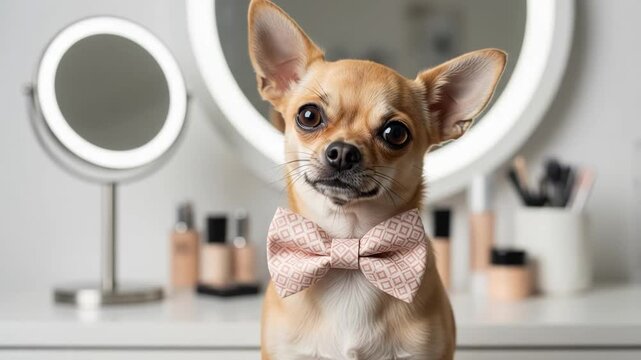 Chihuahua dog wearing a bowtie in a vanity setting