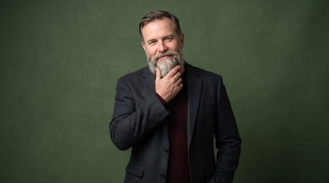 Confident mature bearded man in a blazer touching his chin thoughtfully on a green studio background.