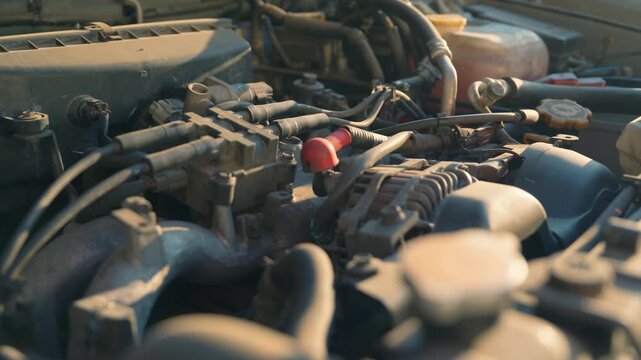 Car Engine Bay Close Up | Parallax Camera Movement Around Red Alternator Terminal | Detailed Automotive Mechanical Parts