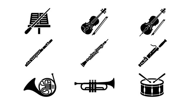 Orchestra Musical Instruments Black and White Glyph Icons Set. Classical Music Symbols featuring Violin, Flute, Oboe, Bassoon, Horn, Trumpet, Drum, and Conductor's Baton.