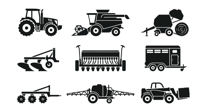 Agriculture Farm Machinery and Equipment Vector Glyph Icons Set: Tractor, Combine Harvester, Baler, Plow, Seeder, Sprayer, Trailer, Loader Silhouettes