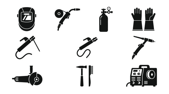 Welding Tools and Equipment Glyph Icons Set. Black and White Flat Design Elements for Metalworking, Construction, and Industrial Safety Gear.
