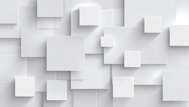 An abstract, geometric composition featuring a scattered arrangement of white, three-dimensional squares and rectangles with soft shadows