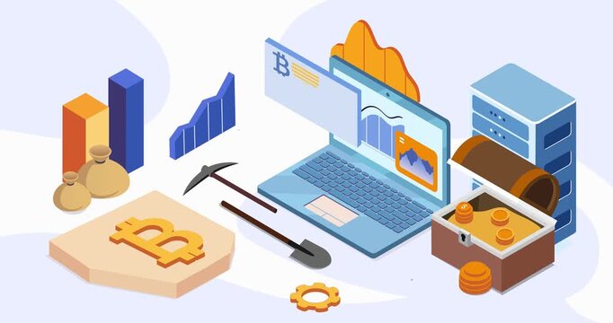 Isometric animation of a bitcoin mining concept featuring laptop, server, digital coins, analytics charts and mining equipment. On-screen text: Bitcoin Mining and Read More 