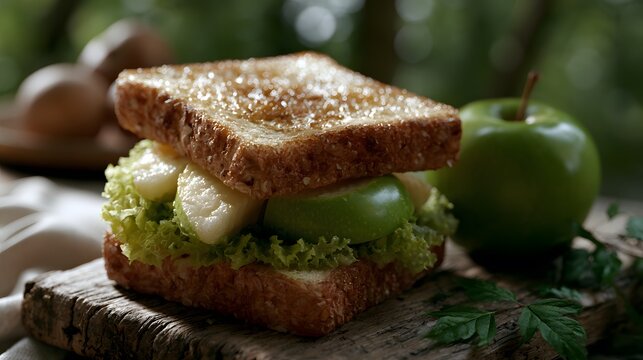 Toasted sourdough bread sandwich with apple slice and fresh green lettuce. Vegetarian snack on rustic wooden board. Healthy meal concept for breakfast or light lunch in nature garden.