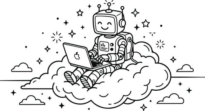 Cute robot sitting on a cloud using a laptop computer isolated on white background, Vector