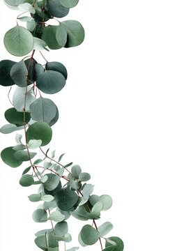 Close-up of green eucalyptus branches with round leaves and long stems against a bright white background. Minimalist aesthetic
