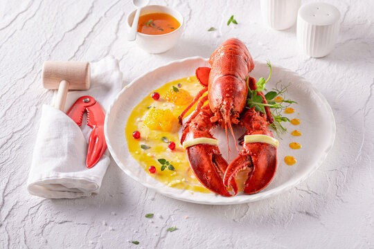 Exquisite steamed lobster as mediterranean summer meal.