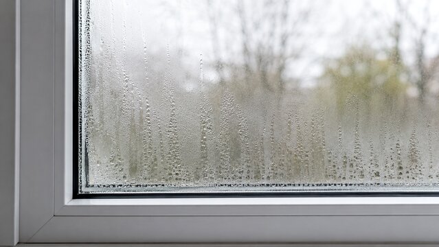 heavy condensation trapped between panes of double-glazed residential window, fogged glass