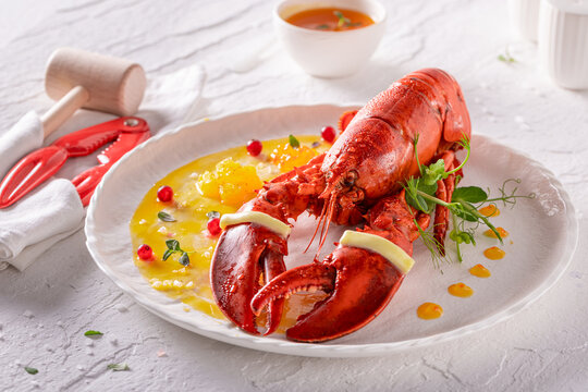 Elegant steamed lobster as mediterranean traditional dinner.