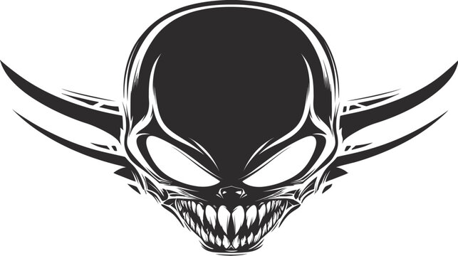 Aggressive Alien Monster Head Illustration. Stylized Dark Creature Face with Sharp Teeth and Intimidating Eyes, Vector Graphic Design.