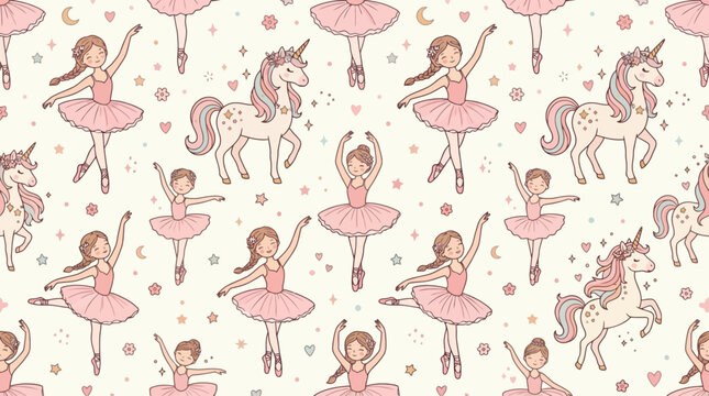 Whimsical ballerinas dance with unicorns in a magical moonlit forest filled with stars