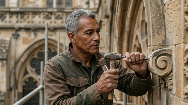 Craftsman repairing historic church stone architecture. Skilled worker using hammer and chisel on ancient building facade