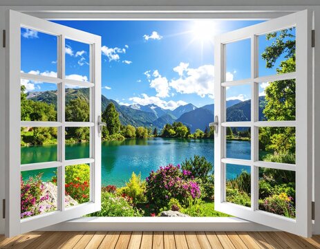 Ultra realistic view of a scenic mountain lake and flower garden seen through fully opened elegant white wooden window frame in summer