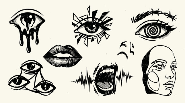 Collection of various eye and mouth tattoos.