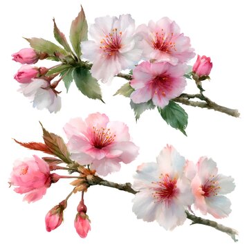 Elegant watercolor painting of delicate pink and white cherry blossoms on flowering branches, capturing the essence of spring
