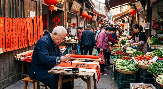 Elder calligrapher writing Chinese characters on red paper scroll at market. Traditional artist creating festive calligraphy for New Year celebration. Asian culture and local craft concept.