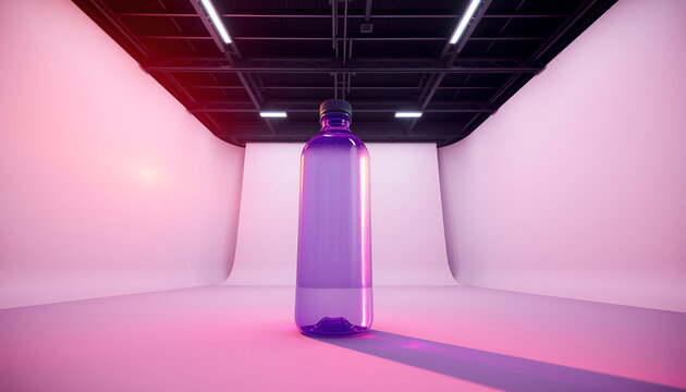 Purple glass bottle standing on a white cyclorama studio background