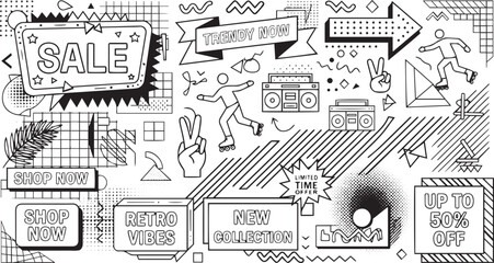 Modern hand drawn sale banner with skateboard camera and retro elements for promotional marketing © Romana akther