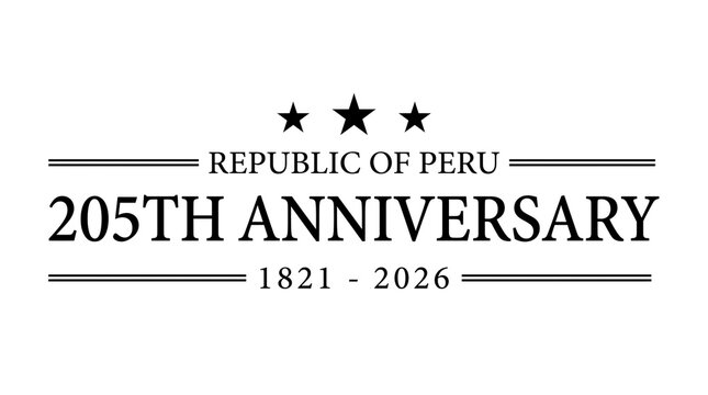 Logo marking the 205th anniversary of the Republic of Peru, from 1821 to 2026, with three stars above