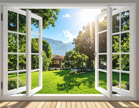 Serene summer morning view through elegant open white windows from a cozy home, revealing a lush green garden, distant mountains, and a bright sunny sky