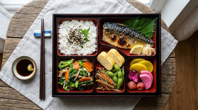 Compartmented bento tray with a colourful mix of rice fish and pickles overhead flat lay &ndash; Japanese Bento Food Photography, Commercial Stock Photo