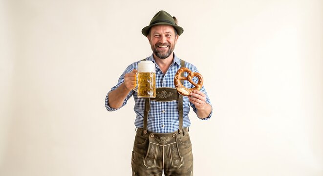 Smiling man wearing traditional Bavarian lederhosen holding a glass of beer and a pretzel. Oktoberfest celebration culture. German festive costume, food and drink event concept.