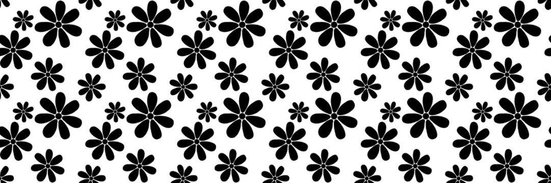 Monochrome black flower silhouettes distributed densely over a solid plain white backdrop sheet. Crisp stark seamless graphic layout for minimalist presentation folder jackets and box labels.