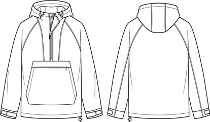 Men hooded anorak jacket technical flat sketch template with front and back views for fashion design © MstRowshan