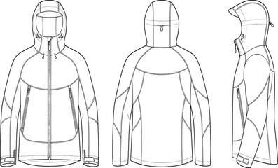 Technical fashion sketch vector of a hooded windbreaker jacket from front back and side views © MstRowshan