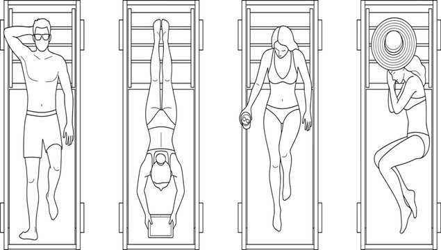 Top view minimalist line art vector of people relaxing on beach lounge chairs sunbathing