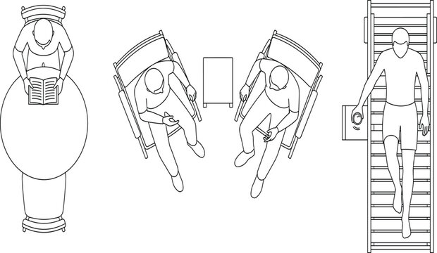 Top view relaxation vector set featuring man reading at table people talking in armchairs and person sunbathing