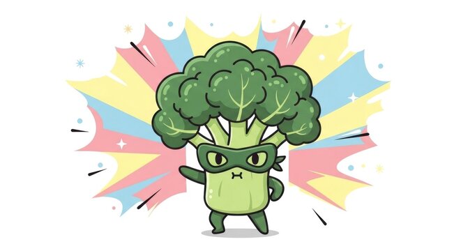 Cartoon broccoli character with superhero mask.
