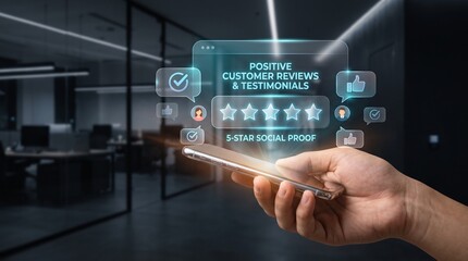 Fototapeta premium Hand holding smartphone displaying virtual five star positive customer review and testimonial feedback rating.