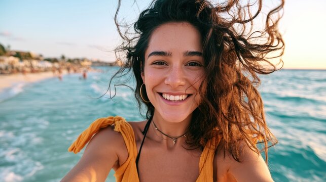 closeup shot of a good looking female tourist. Enjoy free time outdoors near the sea on the beach. Looking at the camera while relaxing on a clear day Poses for travel selfies smiling happy tropical