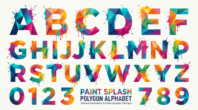 Vibrant 3D vector alfabet letters and numbers in a colorful polygon design