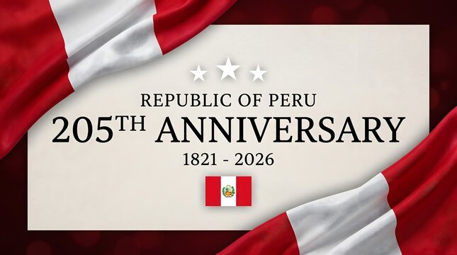 Republic of Peru 205th Anniversary 1821-2026 celebratory graphic featuring the Peruvian flag and stars