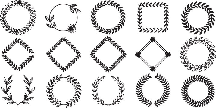 Set of black silhouette floral frames, hand drawn leaf borders, various shapes, simple design elements.
