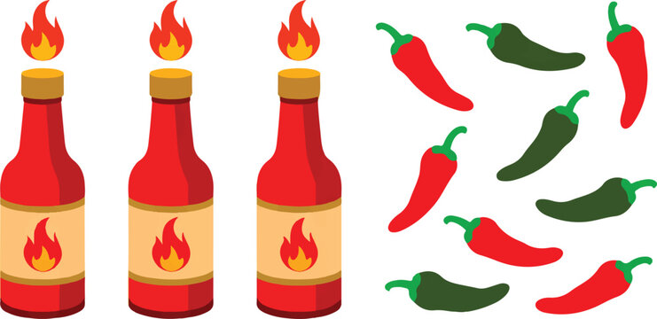 Set of hot sauce bottles and chili peppers, spicy food condiment, cooking ingredients in flat cartoon style.