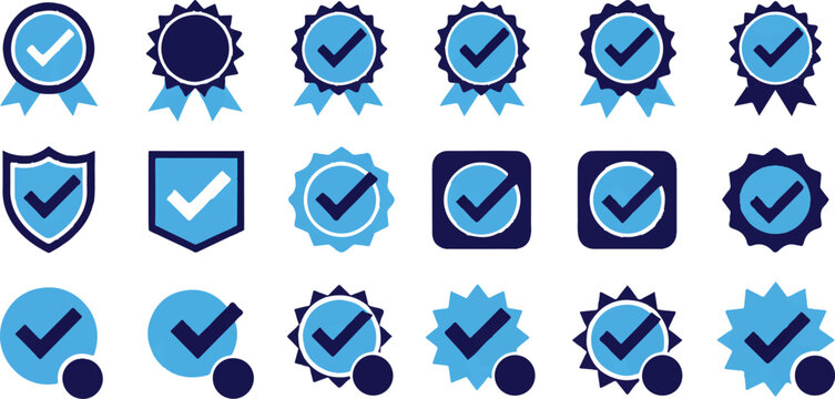Set of verification checkmark badges and guarantee approval seals, quality control, security confirmation icons.