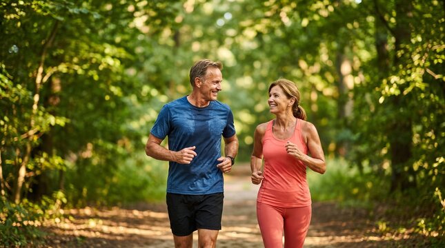 Mature couple jogging forest trail smiling conversation together
