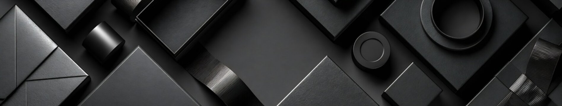 Black Friday Minimal matte black gift boxes and textured ribbons on dark background with central copy space for wide ecommerce banner