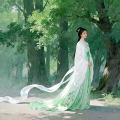 Fototapeta premium Soft Traditional Chinese Oil Painting, Elegant Ancient Beauty in White and Green Hanfu, Flowing Long Silk Ribbons, Updo Hair Ornament, Dense Dark Green Cypress Forest, Misty Soft Light Forest Backgrou