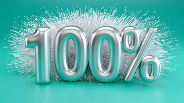 Shiny 3D metallic 100 percent sign on teal background with explosive pyro effect and sparkles all around Generative AI
