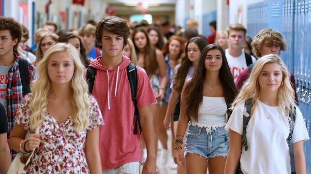 Students walk in a school hallway during the first week of classes in the fall season Generative AI